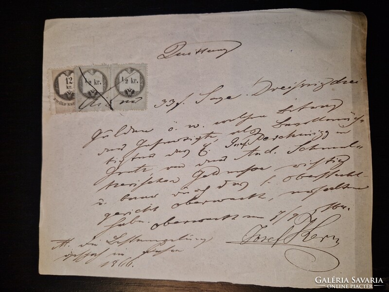 1866, nagyon ritka illetéklerovás három bélyeggel, közte két félkrajcárossal, RR!