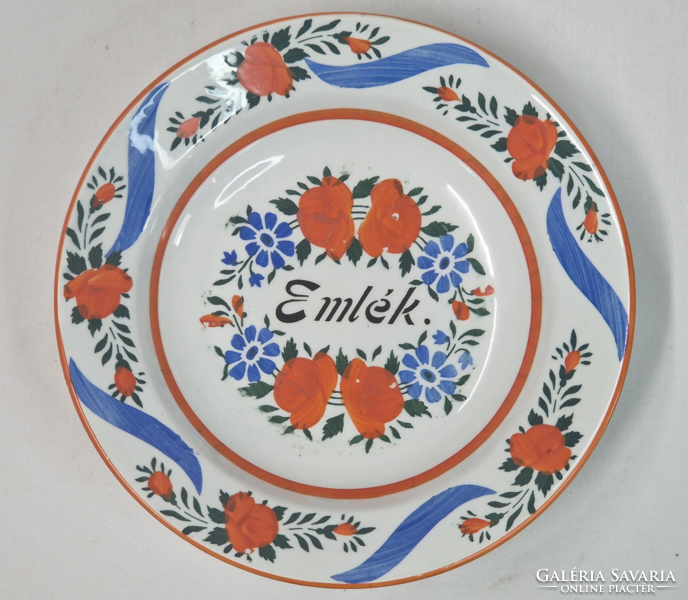 Régi Wilhelmsburgi mázas festett virág mintás EMLÉK kerámia tányér vagy falidísz 23 cm. átmérőjű
