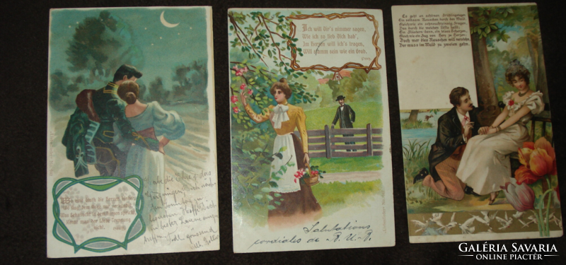 Szerelmespárok 3 db antik litho, hosszúcímzéses