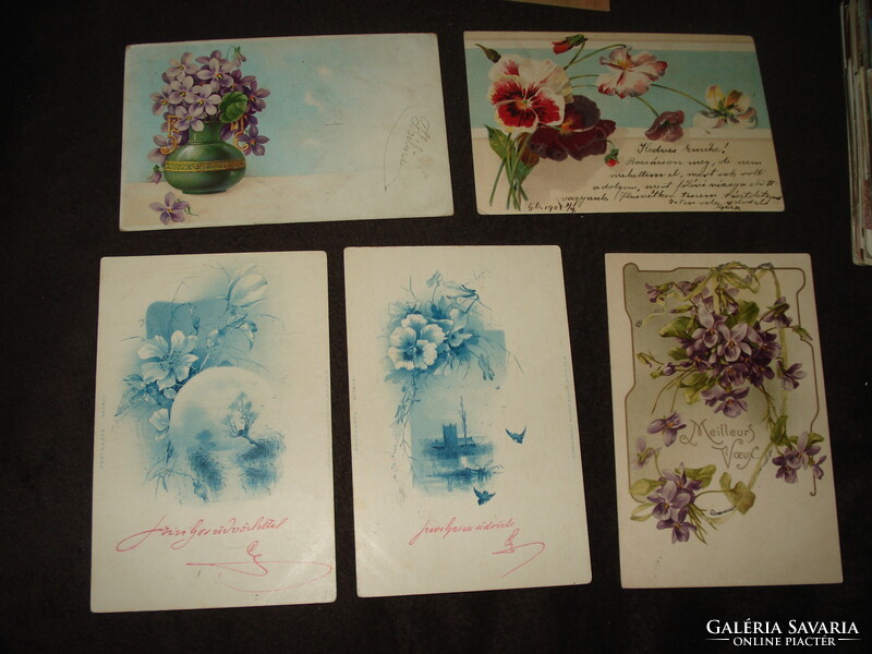 5 antik litho üdvözlőlap, közte art nouveau