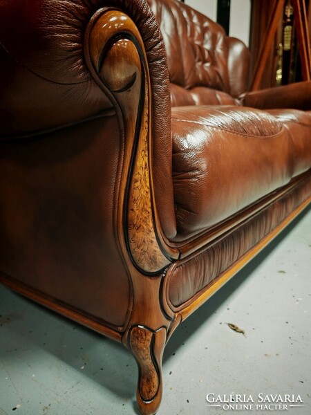 Antikolt barna olasz valódi bőr ülőgarnitúra , 3 személyes bőr kanapé + 2 fotel újszerű állapotban