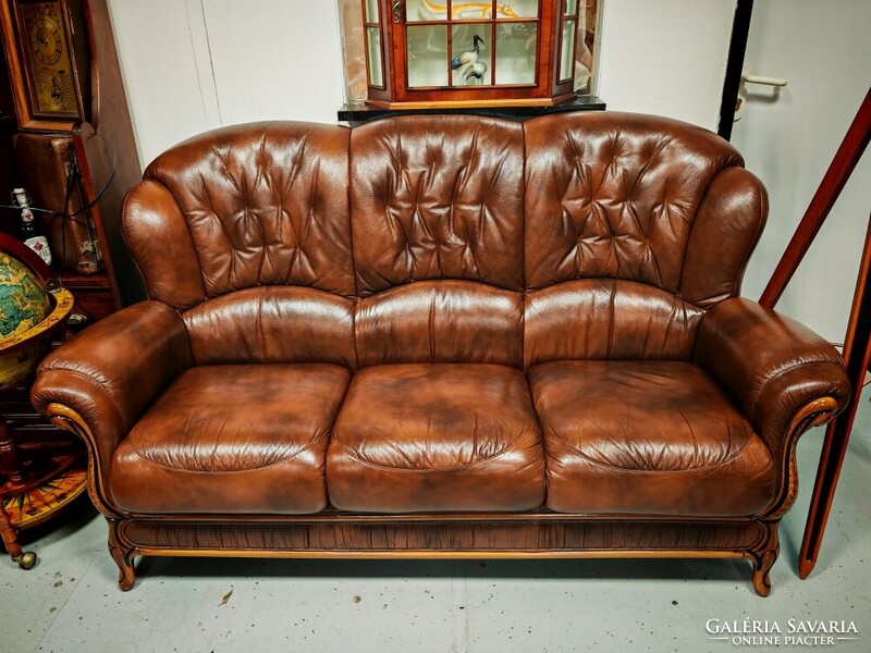 Antikolt barna olasz valódi bőr ülőgarnitúra , 3 személyes bőr kanapé + 2 fotel újszerű állapotban