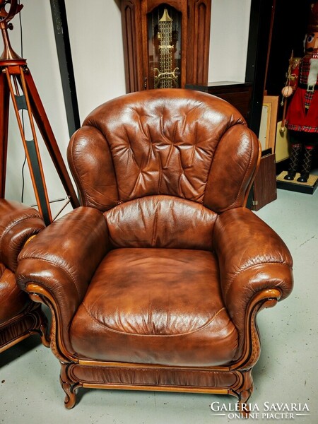 Antikolt barna olasz valódi bőr ülőgarnitúra , 3 személyes bőr kanapé + 2 fotel újszerű állapotban