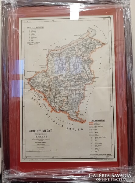 Somogy vármegye térképe a XIX. századból, eredeti, újonnan keretezve, hibátlan kiadás