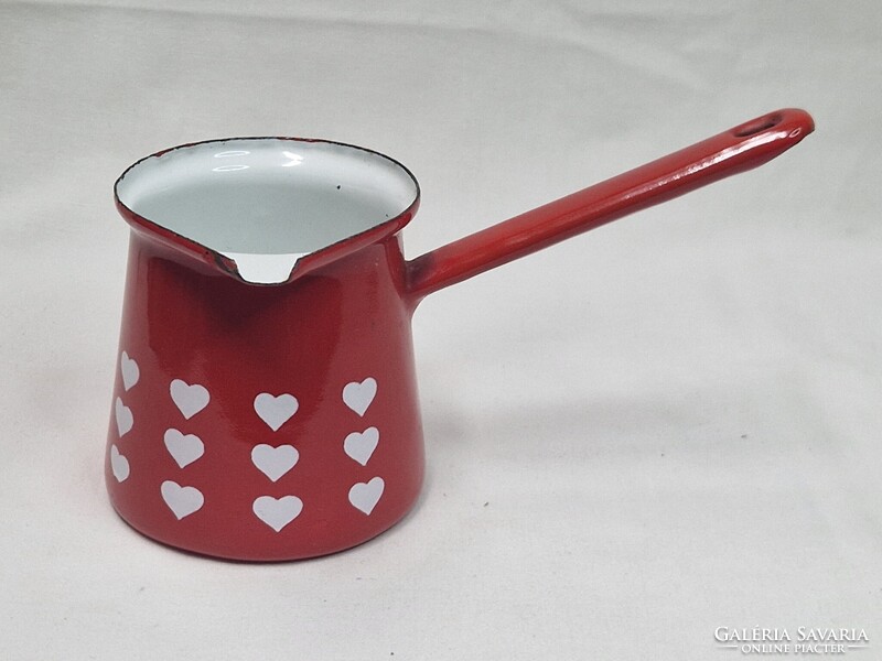 Régi zománcos szívecske mintás piros kiöntő szép állapotban 10 cm. magas