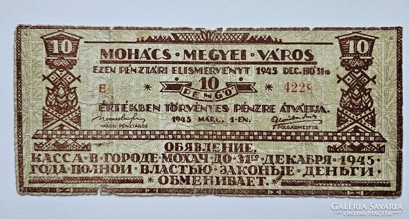 1945. évi Mohács Pengő Pénztári Elismervény VG! Licit!