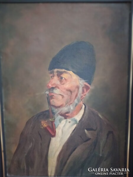 Pipázó öreg.Szignozott olaj festmény.