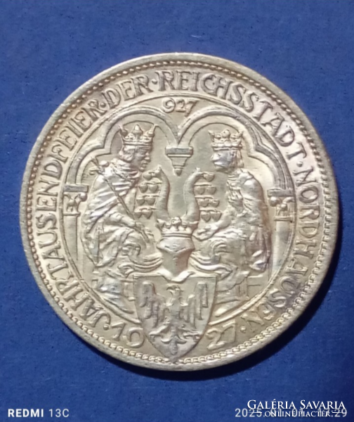 3 Birodalmi emlék ezüst /500%/ márka 1927. A    Extra Tartás