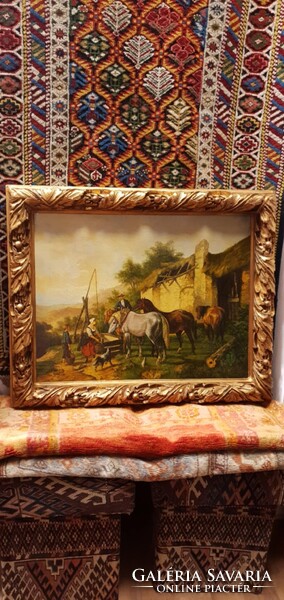 Wouterus Verschuur ( 1812- 1874 )   „Lovak a szökőkútnál” Nagyon szép kvalitású festmény.