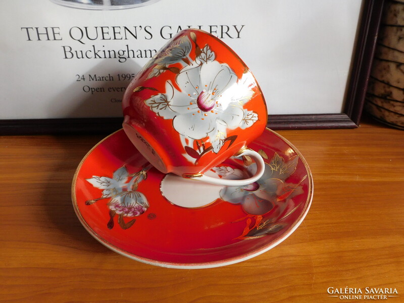 Vintage szovjet időkbeli Baranovka mályvavirágos teás szett 4 dl-es csészével