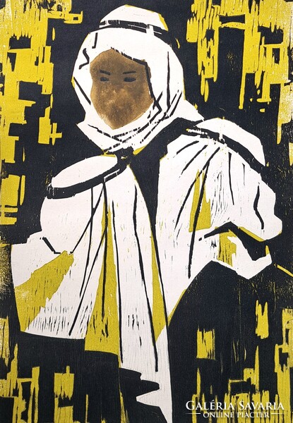 AKCIÓ! CSAK 9 EZER FT: Keleti öltözetű nő portréja (keretben) színezett fametszet