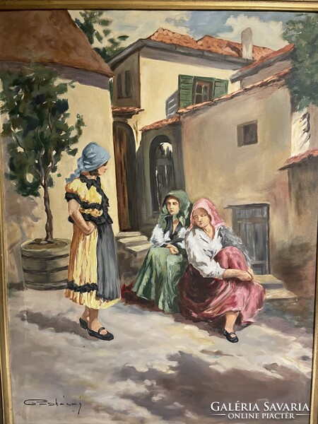 Ház előtt..életkép, gyönyörű színekkel..60x80cm plusz kerete..