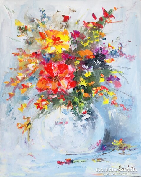 Virágcsokor fehér vázában  art by Konrad Biro. 50x40 cm. Menjen akkor licittel! Egy hét-egy esėly!