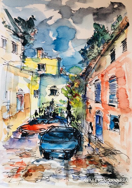 Mediterrán utca . Lendületes  akvarell illusztráció. A4 méret. Modern kortárs alkotás!