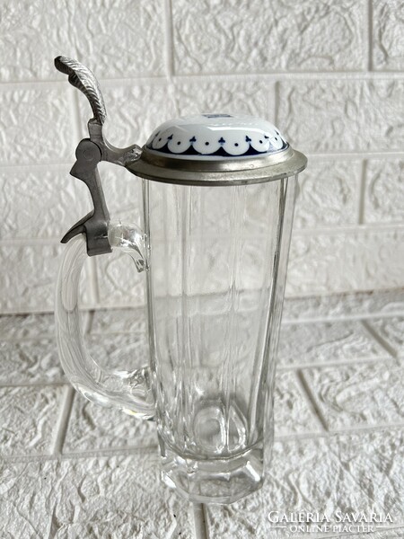 Antique glass beer mug with tin lid and porcelain insert, bayern royal tettau