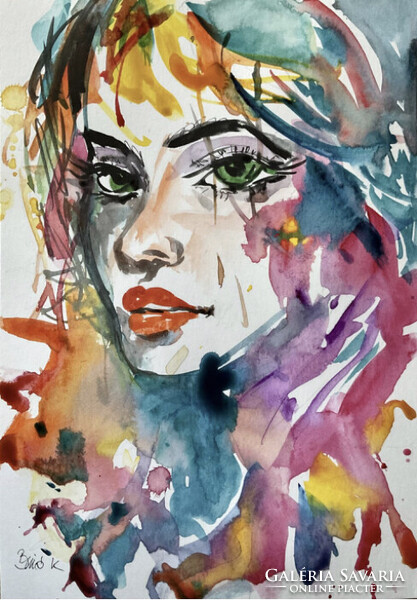 Zöld szemek… Nívós akvarellportré  festmény.