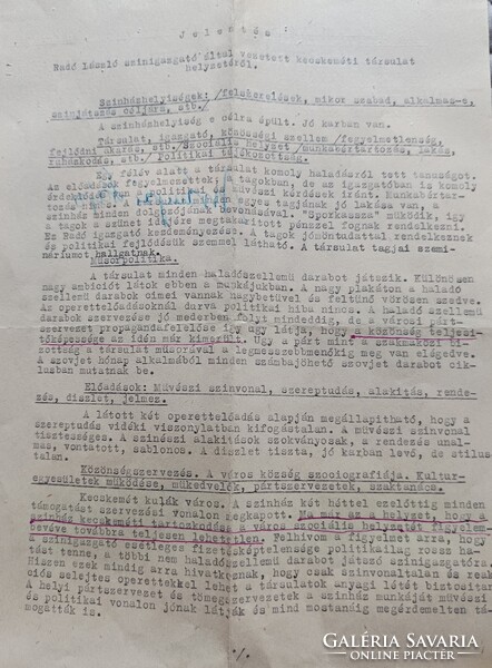 Vidéki színházak államosítása -Radó László kecskeméti társulata bizalmas jelentés 1949..
