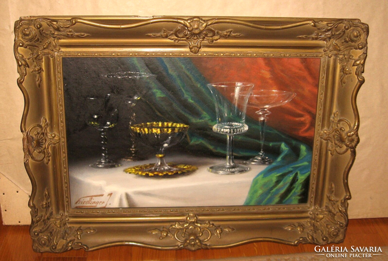 GARANTÁLTAN EREDETI CSODÁS FRIEDLINGER JENŐ / 1890- / CSENDÉLET ÜVEGPOHARAKKAL