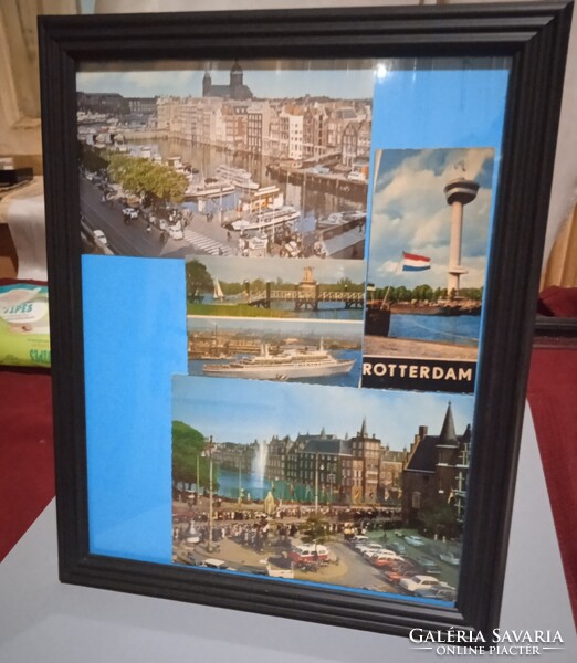 Framed picture of Amsterdam and Rotterdam post cards from the last century