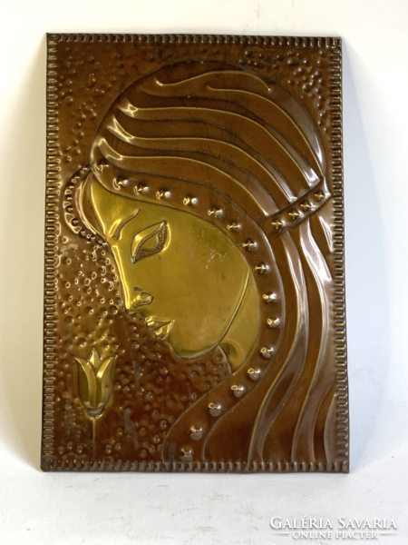Lány virággal iparművészeti réz falidísz 1975 Kárpátalja ungvár