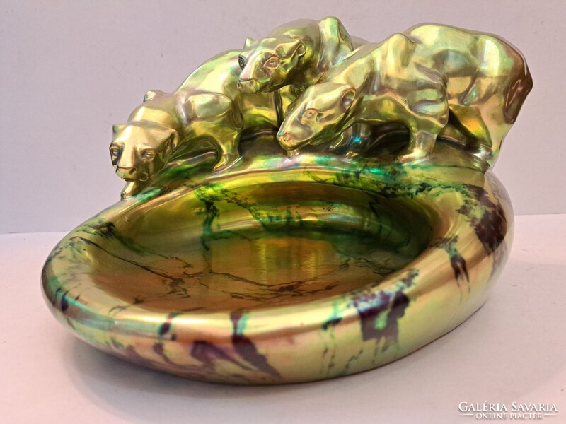 GYÖNYÖRŰ! NAGY MÉRETŰ! ANTIK LABRADOR+EOZIN MÁZAS Zsolnay porcelán névjegytartó kínáló tál medvékkel