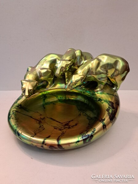 GYÖNYÖRŰ! NAGY MÉRETŰ! ANTIK LABRADOR+EOZIN MÁZAS Zsolnay porcelán névjegytartó kínáló tál medvékkel