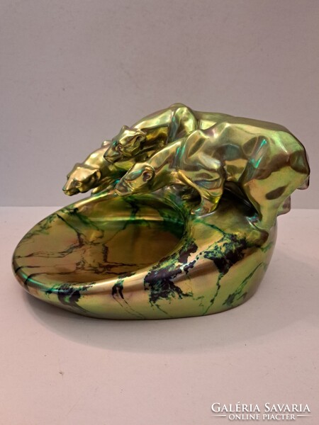 GYÖNYÖRŰ! NAGY MÉRETŰ! ANTIK LABRADOR+EOZIN MÁZAS Zsolnay porcelán névjegytartó kínáló tál medvékkel