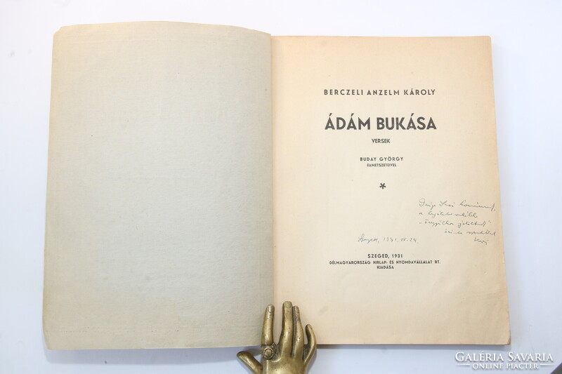 1931 - Dedikált Berczeli Anzelm Károly Ádám bukása. Versek Buday György fametszeteivel illusztrált!
