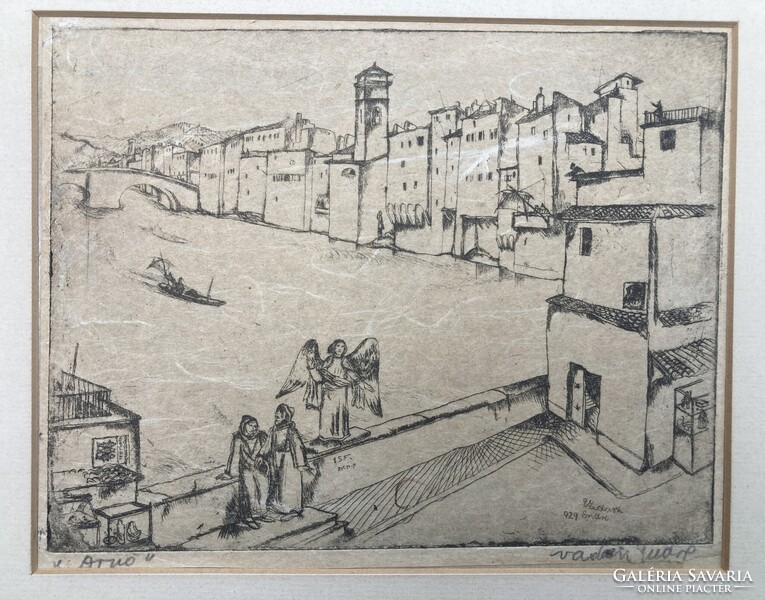 Vadász Endre (1901-1944): Arno, Firenze, 1929 - rézkarc, szignált, japán papíron