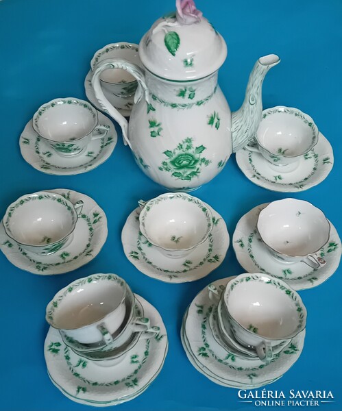 Herendi kávés mokkás készlet zöld Nanking  mintával , koronás címerrel , 12 személyes