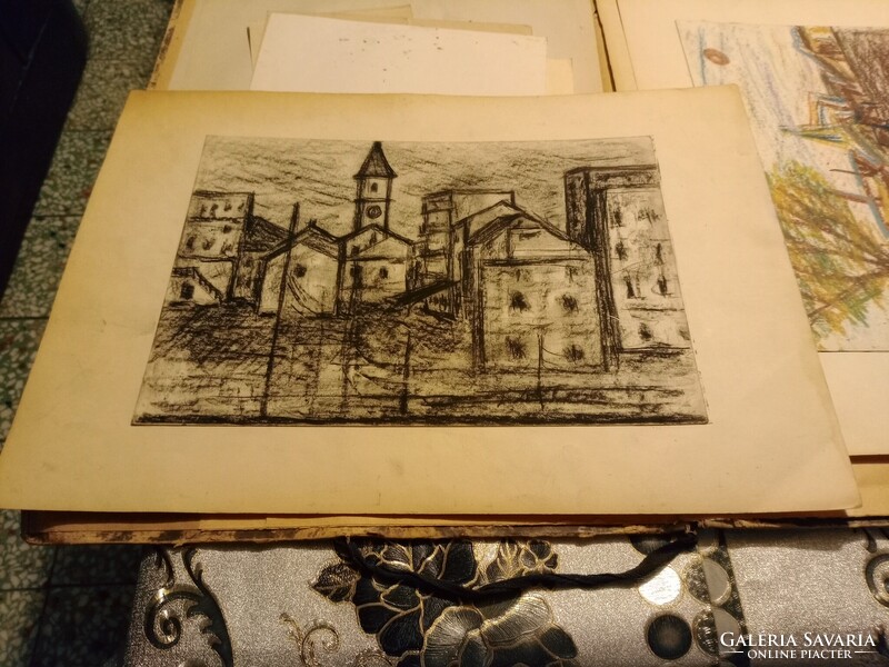 Szén ceruzával készült utca részlet