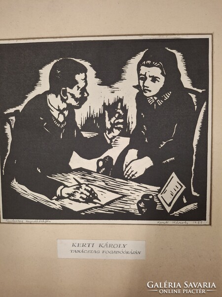 Kerti Károly  Tanácstag fogadóóráján 1955 fametszet