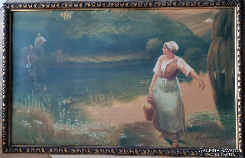 .Antik festmény , Életkép Találkozás a folyónál.( Deák Ébner)