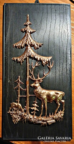 SZARVAS AZ ERDŐBEN (falikép, 13x26 cm, űanyag és réz) "A"