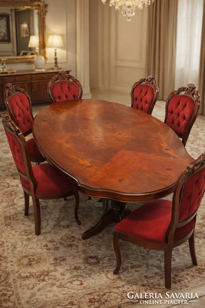 6 személyes étkezőgarnitúra bordó bársony kárpitozással