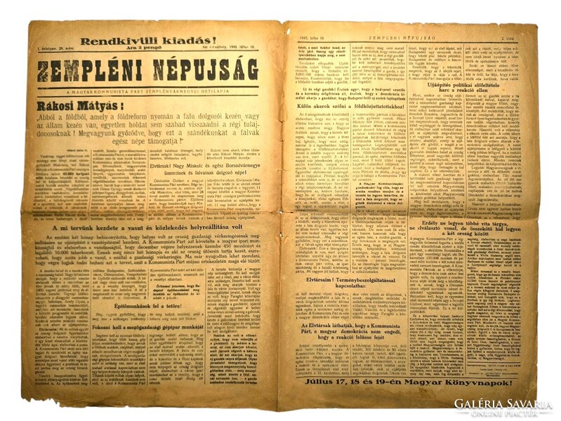 81 ÉVE! Zempléni Népujság 1945.07.16. Amikor a csokoládé csomagolása hordozta a történelem híreit.