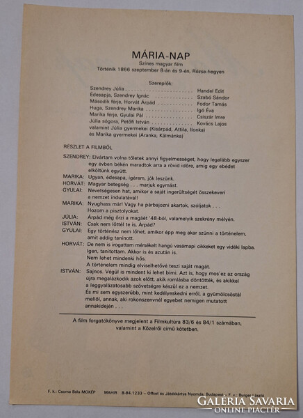 Mária Nap filmes villamosplakát, Elek Judit, Handel Edit 1978