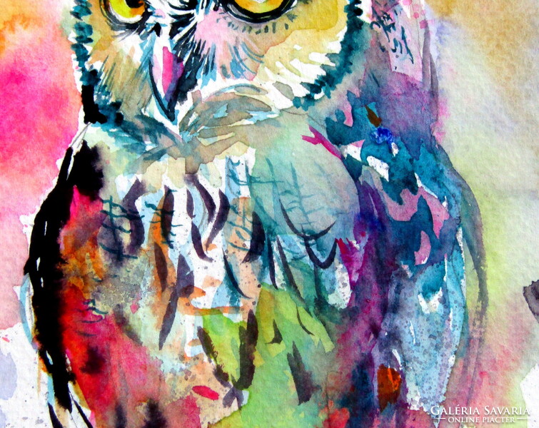 Majestic colorful owl- watercolor painting/ Fenséges színes bagoly - akvarell festmény