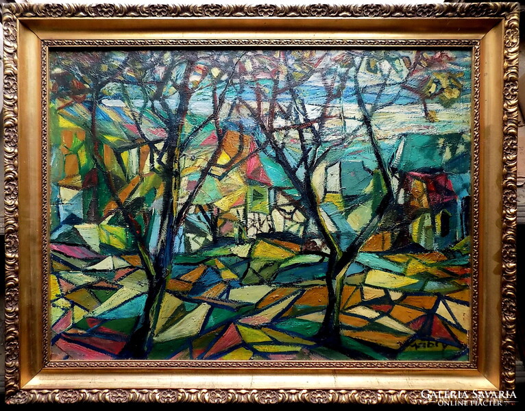 Azbey Imre 1900-1974 Garanciával SZÁMLÁVAL " Kubista táj "