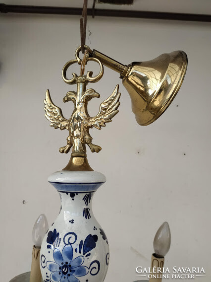 Antik delfti kék porcelán testű 12 karú patinás réz flamand csillár + 12 darab új gyertya izzó 3956