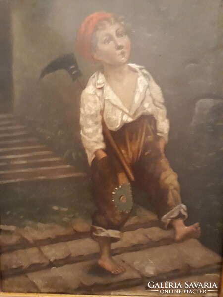 ANTIK festmény-fütyülő kisfiú