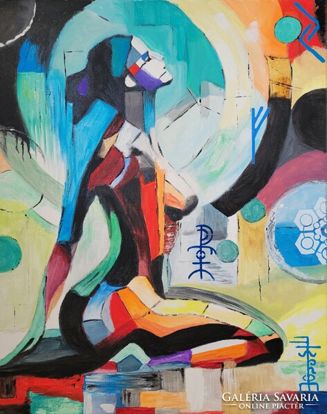 Eredeti, szignózott, modern, absztrak festmény, Női akt