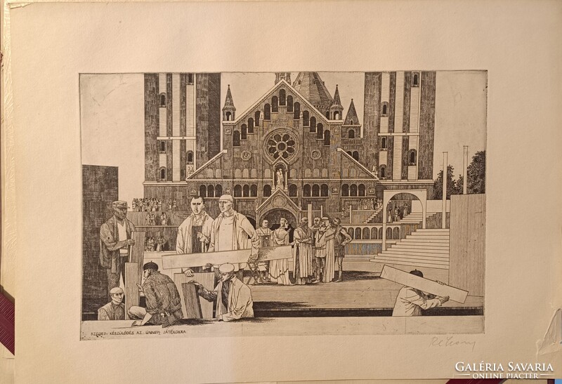 Rékassy Csaba: Szegedi készülődés az ünnepi játékokra rézkarc