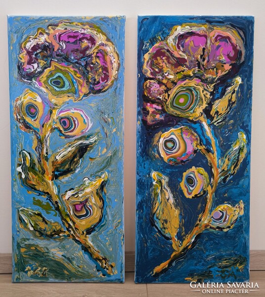 „Barátnők” – Színes virágpáros - akril festmény by Feith-Göblös Ágnes