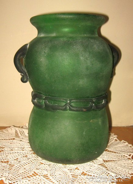 Csodás nagyméretű Murano Seguso Scavo zöld üveg váza