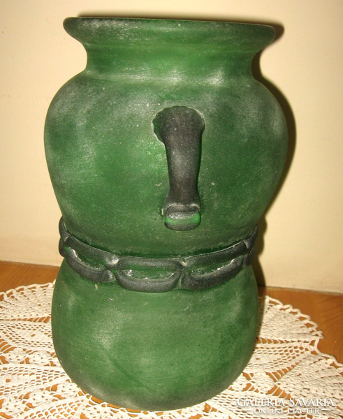 Csodás nagyméretű Murano Seguso Scavo zöld üveg váza