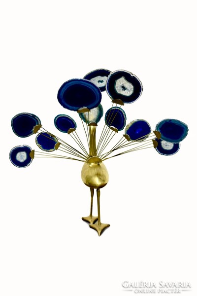 JELZETT sárgaréz páva szobor kék achát szeletekkel