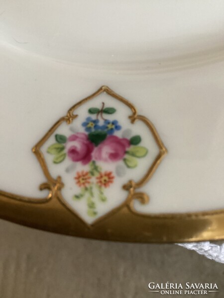 Schlaggenwaldi porcelán süteményes készlet medalion virágmintával, dús aranyozással!