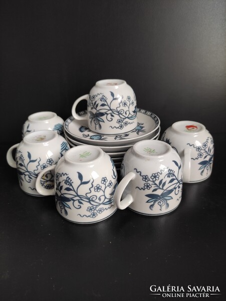 Hollóházi porcelán kávés készlet kék fehér modern hagymavirág mintával