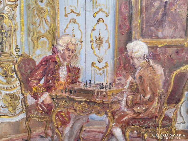 Rokokó stílusú olajfestmény – sakkjátszma jelenet, díszkeretben (45×35 cm)